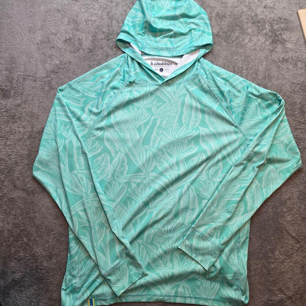Chubbies Shirt Mens L Green Floral Hooded Long Sleeve Lightweight Beach Fishing